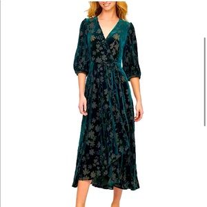 CALVIN KLEIN Green Floral Burnout Velvet Wrap Front Flutter Dress